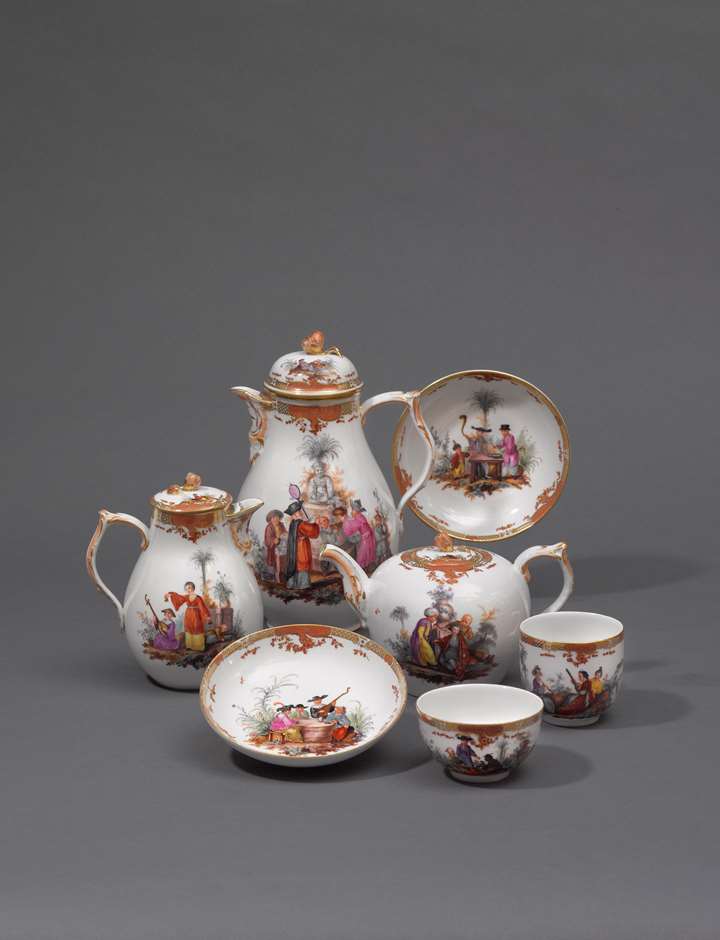 A tea and coffee service, “Glatt,” painted with polychrome chinoiserie scenes